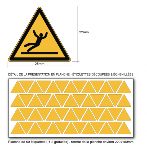 Pictogramme DANGER SURFACE GLISSANTE  - W011 - Norme ISO 7010 - Base 25mm en planche