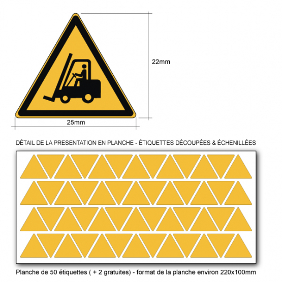 Pictogramme DANGER CHARIOT ÉLÉVATEUR À FOURCHE ET AUTRES VÉHICULES INDUSTRIELS - W014 - Norme ISO 7010 - Base 25mm en planche