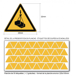 Pictogramme DANGER CHARGES SUSPENDUES - W015 - Norme ISO 7010 - Base 25mm en planche