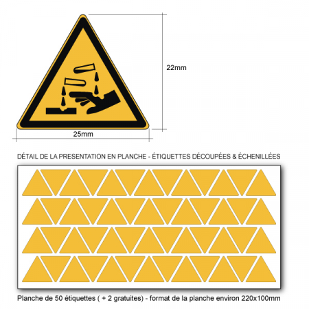 Pictogramme DANGER SUBSTANCES CORROSIVES - W023 - ISO 7010 - Base 25mm en planche
