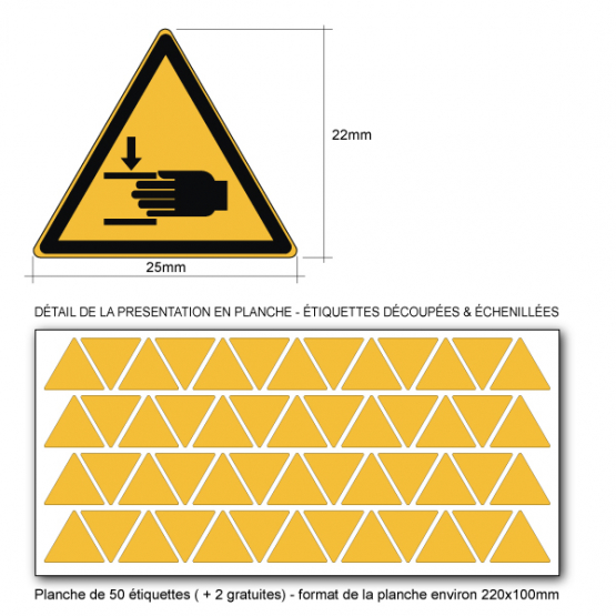 Pictogramme DANGER ÉCRASEMENT DES MAINS - W024 - ISO 7010 - Base 25mm en planche