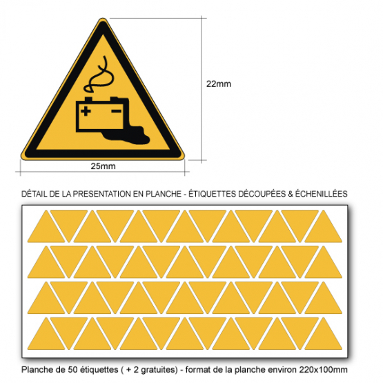 Pictogramme DANGER CHARGE EN COURS DE LA BATTERIE - W026 - ISO 7010 - Base 25mm en planche