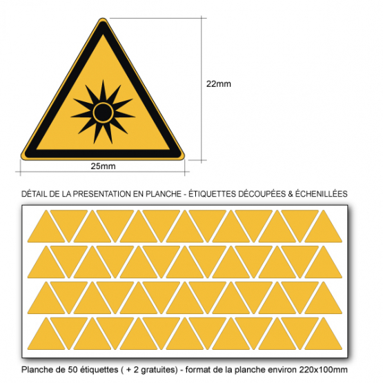 Pictogramme DANGER RAYONNEMENT OPTIQUE - W027 - ISO 7010 - Base 25mm en planche